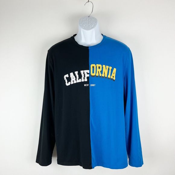 SHEIN Mens Long Sleeve Black Blue Color Block California T-Shirt Size Large - Picture 1 of 11